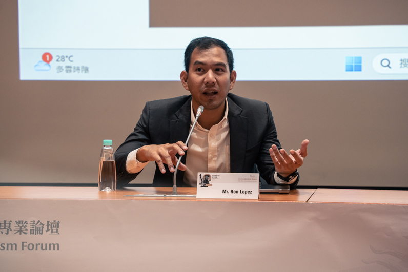 法新社前駐馬尼拉特派員羅恩.洛培茲(Ron Lopez)以自身採訪經驗出發,探討國際媒體視角下菲律賓與美國的結盟關係。(王崴漢攝影) 法新社前駐馬尼拉特派員羅恩.洛培茲(Ron Lopez)以自身採訪經驗出發,探討國際媒體視角下菲律賓與美國的結盟關係。(王崴漢攝影)