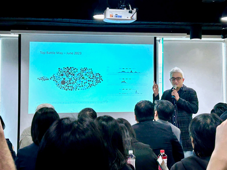 Taiwan AI Labs台灣人工智慧實驗室利用語言模型爬梳,整理出協同帳號的戰場與其攻擊議題。(特約記者宋思彤攝) Taiwan AI Labs台灣人工智慧實驗室利用語言模型爬梳,整理出協同帳號的戰場與其攻擊議題。(特約記者宋思彤攝)