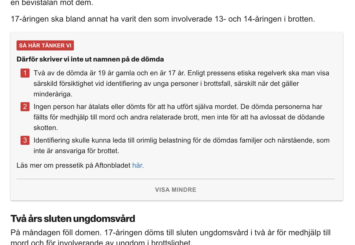 One of the Ethics boxes that 'Aftonbladet' has deployed in its articles. 
