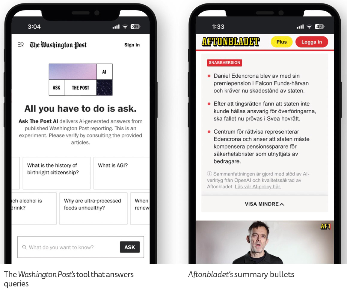 《華盛頓郵報》（Washington Post）的 AI 問答服務（左）、《晚報》（Aftonbladet）的 AI 新聞摘要（右）。