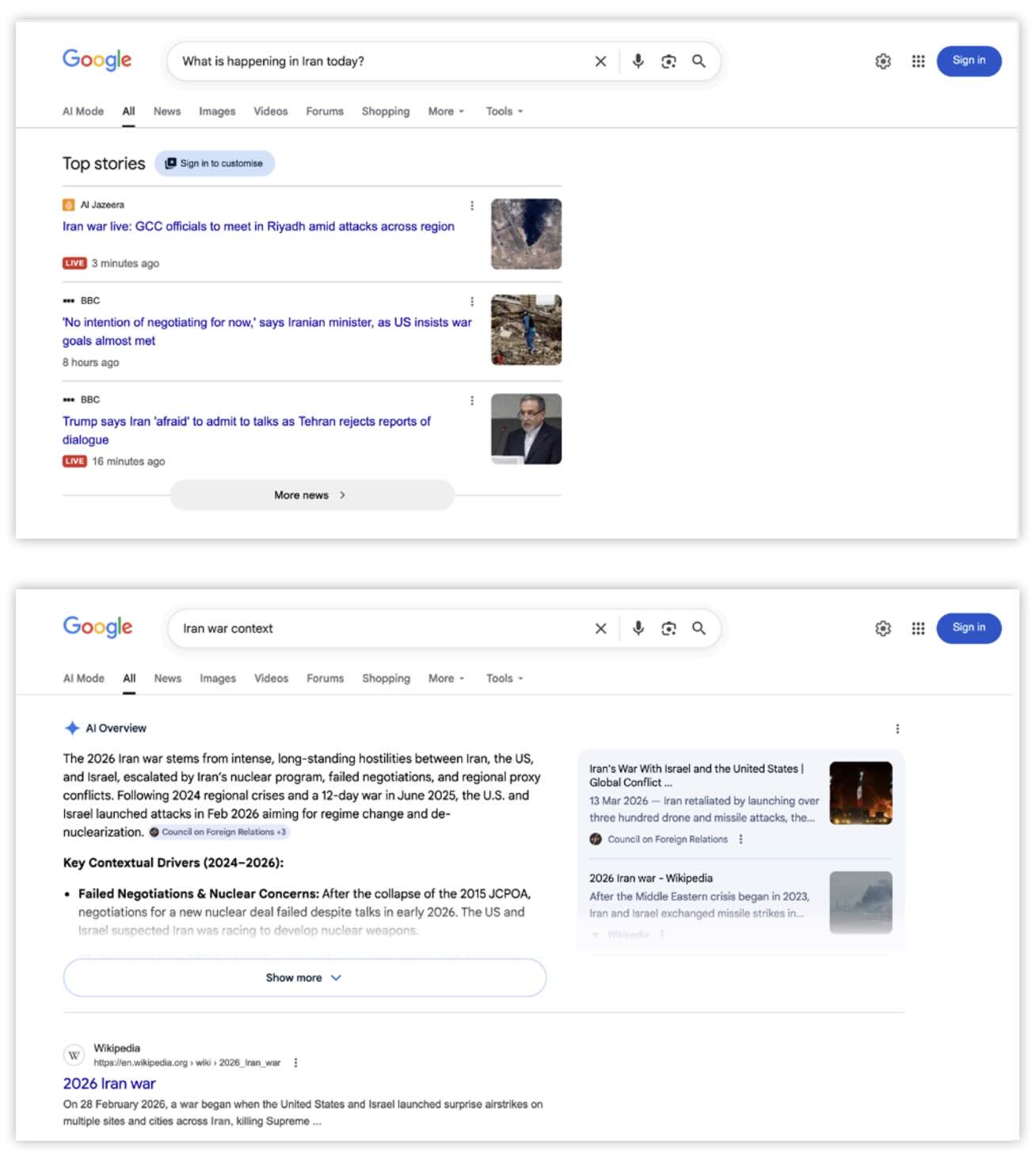 目前Google(英國版)的 AI Overview 對於以最新新聞為主的搜尋查詢仍有限制;若是與新聞相關、偏向背景脈絡或延伸資訊的搜尋,則已提供 AI 摘要功能。(來源:路透新聞學研究所) 目前Google(英國版)的 AI Overview 對於以最新新聞為主的搜尋查詢仍有限制;若是與新聞相關、偏向背景脈絡或延伸資訊的搜尋,則已提供 AI 摘要功能。(來源:路透新聞學研究所)
