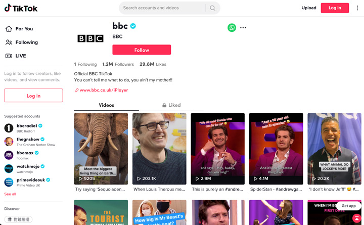 BBC在TikTok上發布較多娛樂性質的內容。（圖片取自BBC TikTok主頁）