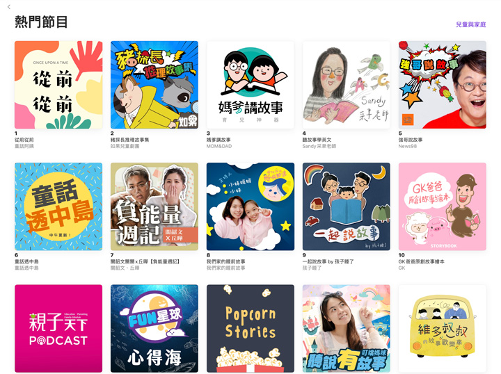 Apple Podcast兒童與家庭類熱門節目排行榜列表。